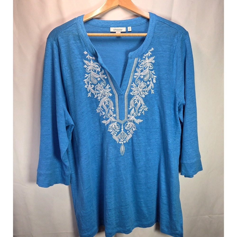 Chico's Linen‎ Blend Blouse Sz 3(XL) Blue Pullover White Embroidery Casual Beach